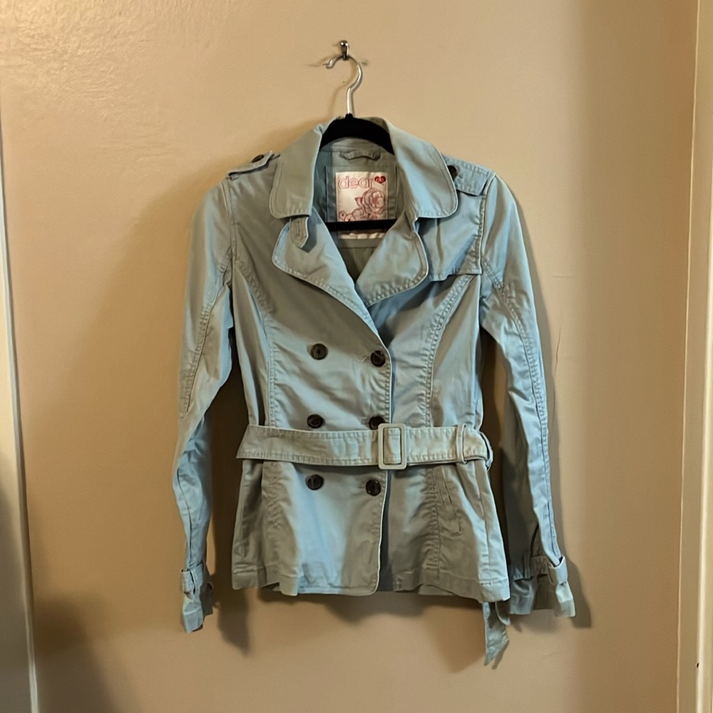 Dear by Amanda Bynes Light Blue Jean Short Trench Coat Belted Jacket S